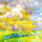 Colorful Surrealist Landscape with Whimsical Hills and Fantasy Buildings