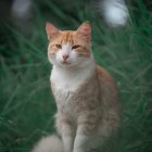 White and Tan Mystical Cat with Floral Pattern in Dreamy Green Setting