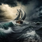 Stormy Sea at Night with Full Moon, Sailing Ship, and Rowboat