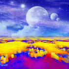 Majestic white fantasy creature in purple and yellow alien landscape