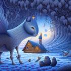 Stylized artwork of couple, child, and celestial dog statue under starry sky