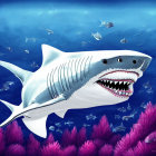 Colorful Illustration of Smiling Shark in Coral Reef Scene