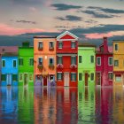 Colorful Houses by Calm Waterway at Twilight