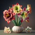 Realistic painted amaryllis flowers in decorative vase with butterflies