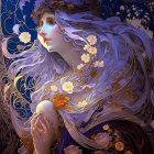 Illustrated woman with blonde hair and flowers under crescent moon and night sky.