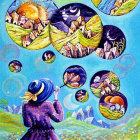 Whimsical Wizard with Floating Orbs and Enchanting Landscapes