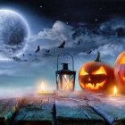 Spooky Halloween scene with carved jack-o'-lanterns and full moons