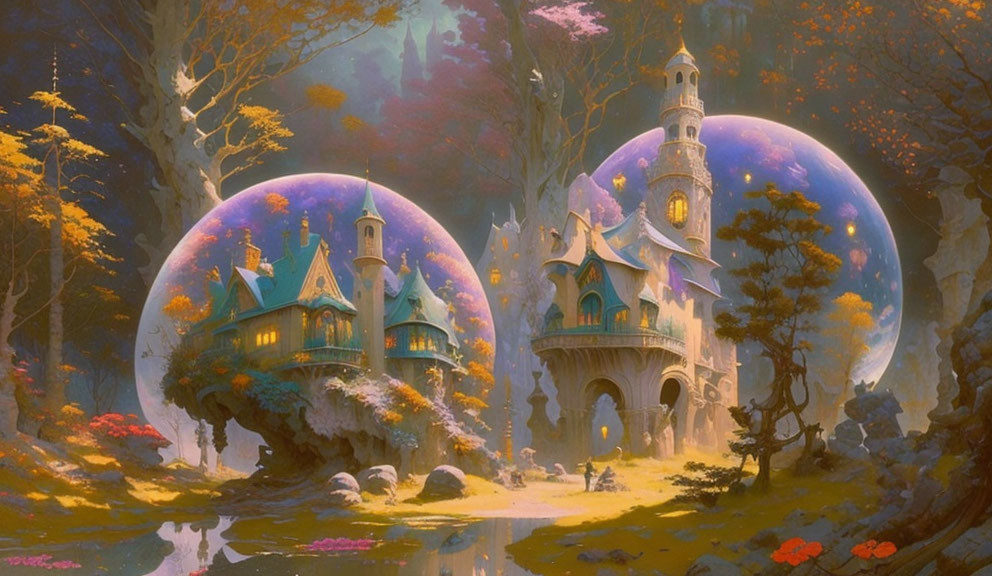 Fantasy landscape with two castles in bubbles and enchanted forest