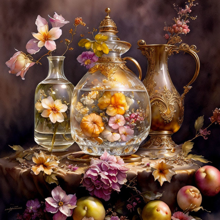 Golden ornate teapot, glassware, flowers, apples, and blossoms on dark backdrop