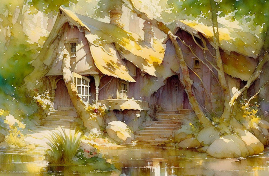 Tranquil watercolor: Cottage by pond and trees