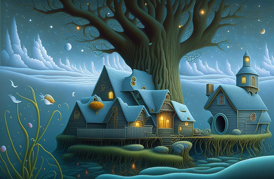 Enchanting fantasy treehouse in magical forest with glowing windows and floating fish under starry sky