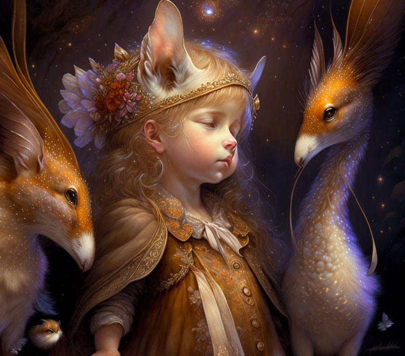 Blond girl in fantasy woodland with luminous squirrel-like creatures