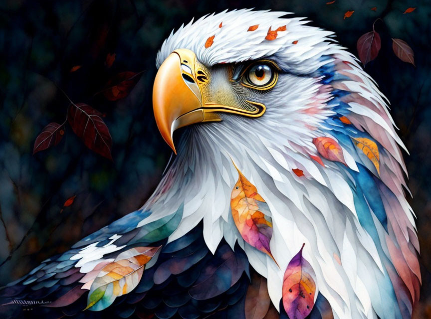 Colorful Eagle Illustration with White Feathers and Autumn Leaves