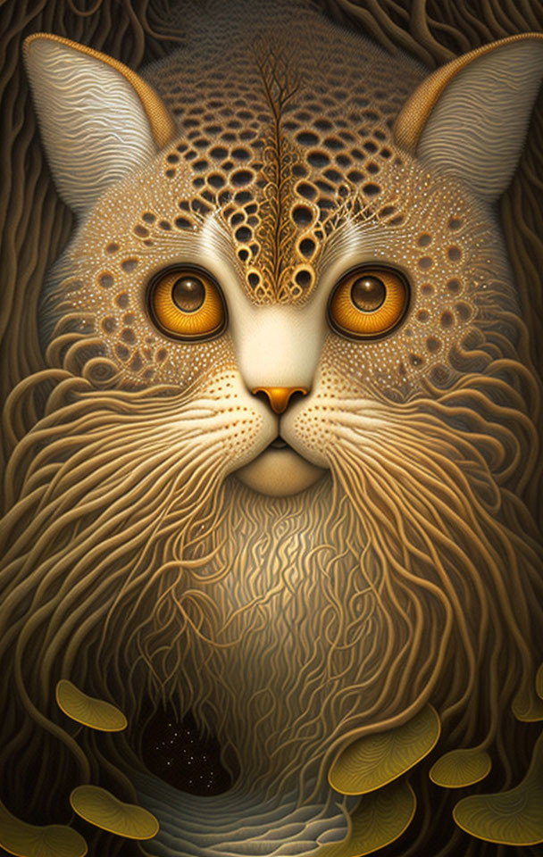 Intricately patterned cat with captivating eyes on abstract background