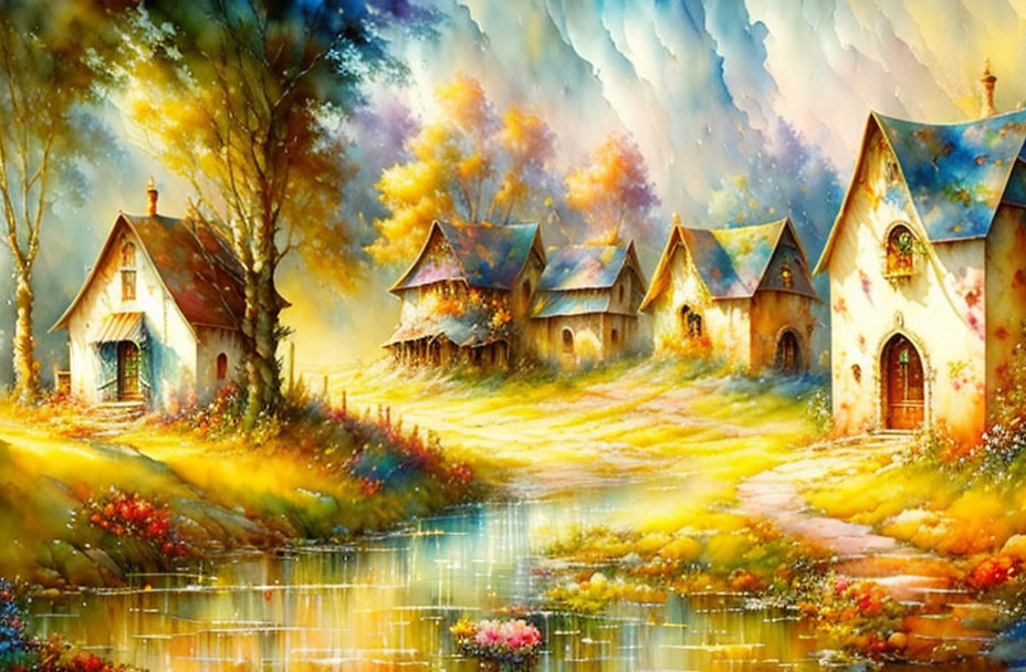 Colorful painting of quaint village by serene river