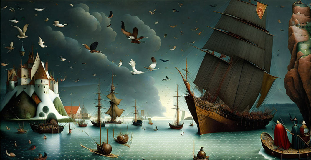 Harbor scene with sailing ships, castle, birds, stormy sky