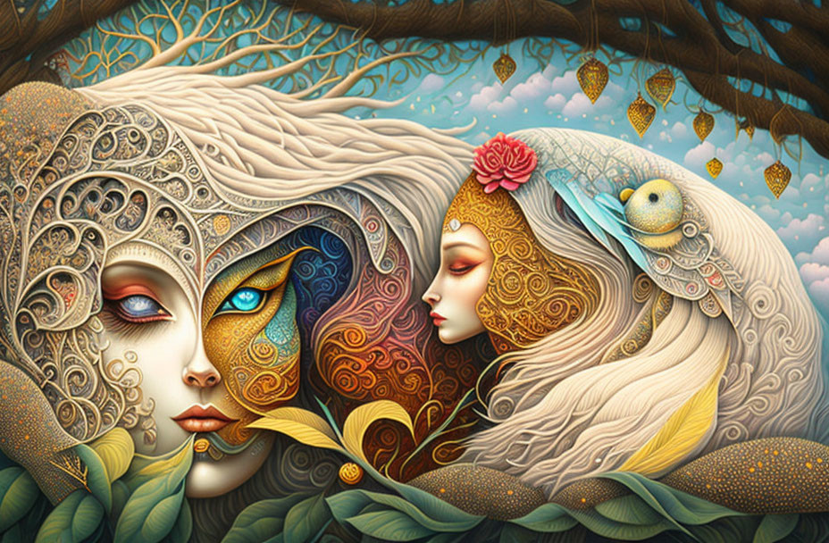 Stylized female faces with flowing hair under tree, intricate patterns, colorful textures, small bird above