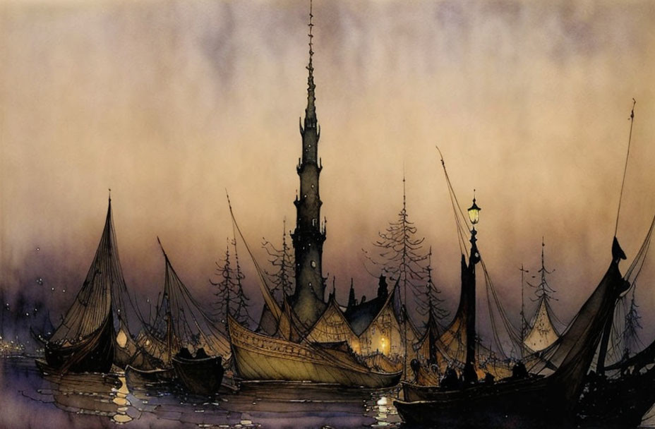 Medieval harbor at dusk with silhouetted ships and mist-covered castle