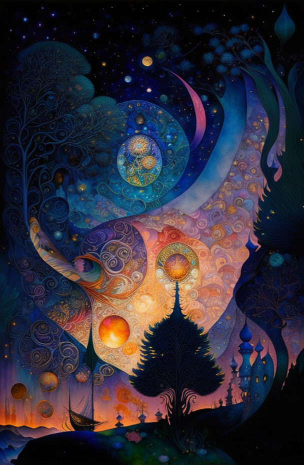 Colorful whimsical painting with swirling tree under starry sky and celestial elements.