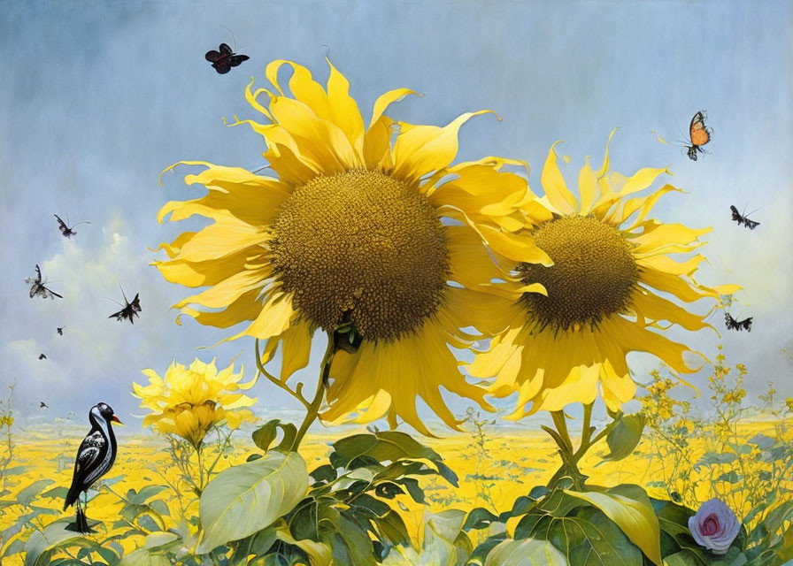 Vibrant field with large sunflowers, insects, and woodpecker