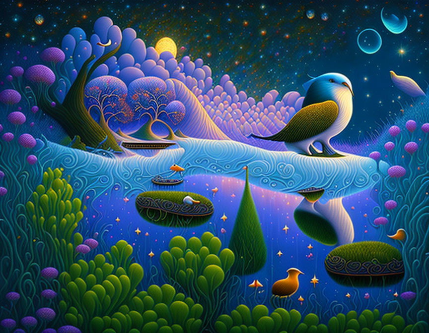 Vibrant, whimsical landscape with river, birds, and celestial bodies