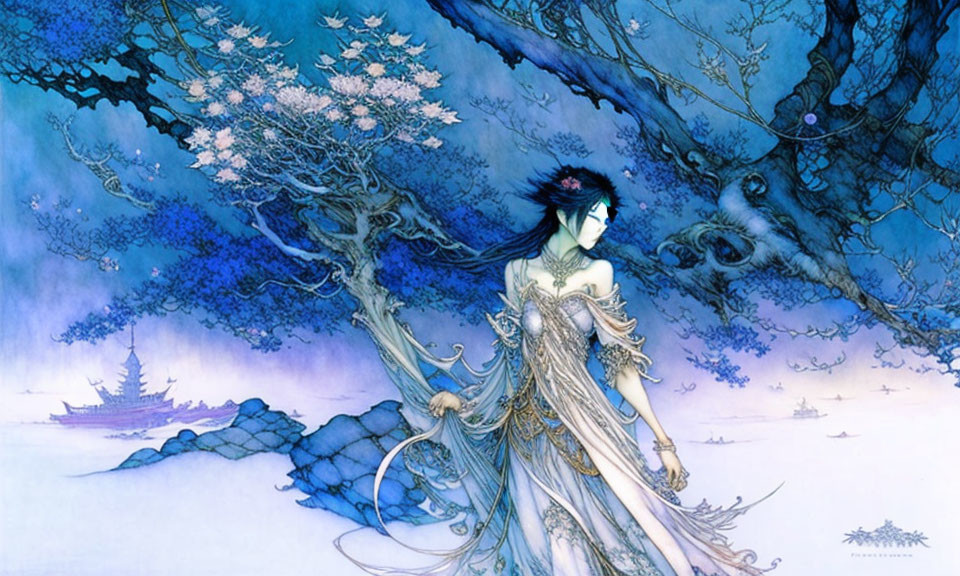 Ethereal woman in striking attire with blossom tree and ancient ship in misty background