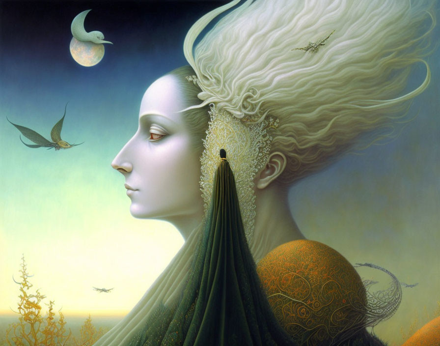 Elaborate hair woman portrait with crescent moon backdrop