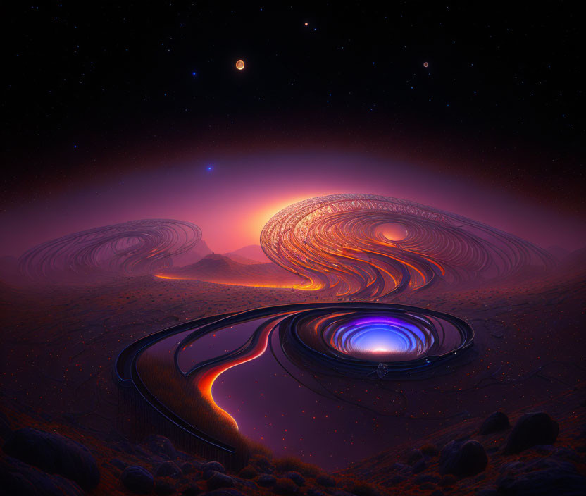 Surreal Dusk Landscape with Glowing Rings, Purple Portal, and Starry Sky