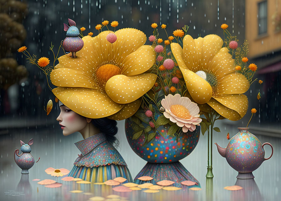 Surreal illustration: woman with yellow flower hair, birds, teapots, and rain