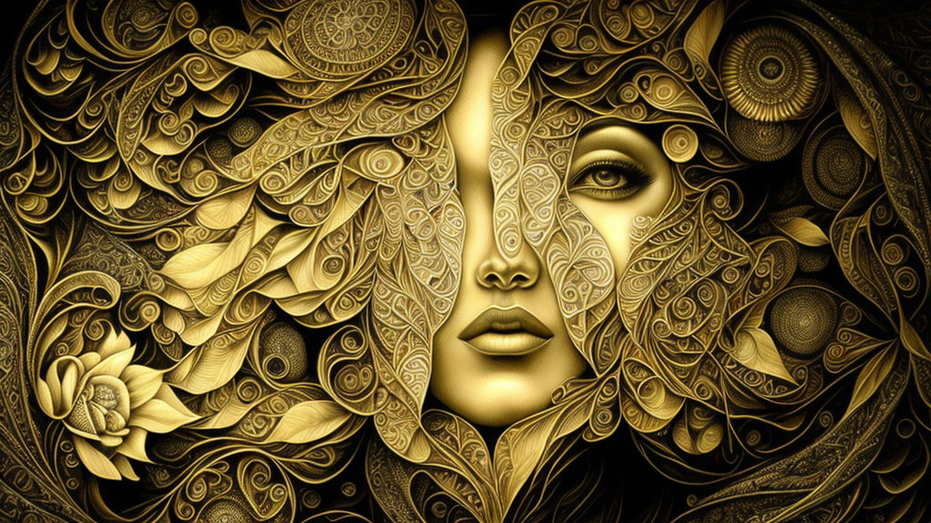 Detailed Gold and Black Woman's Face with Floral Patterns