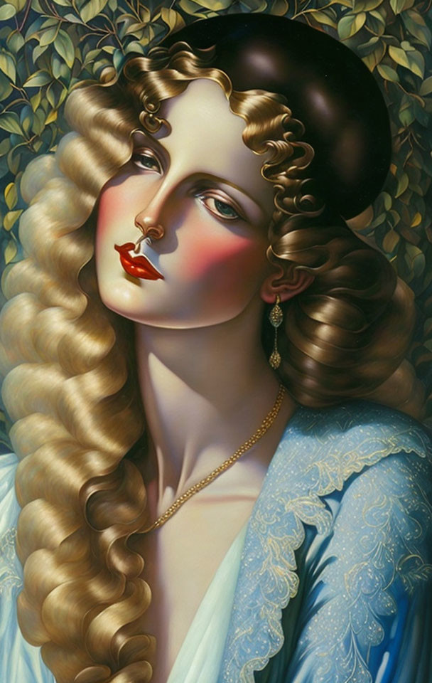 Portrait of woman with blonde wavy hair, red lips, and blue patterned dress.