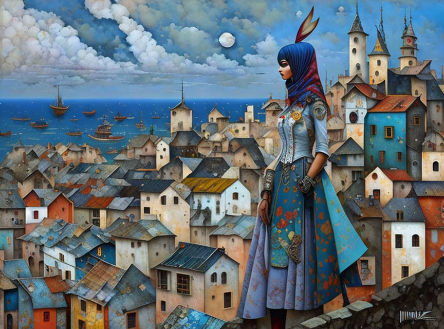 Colorfully dressed woman in whimsical coastal town scene.