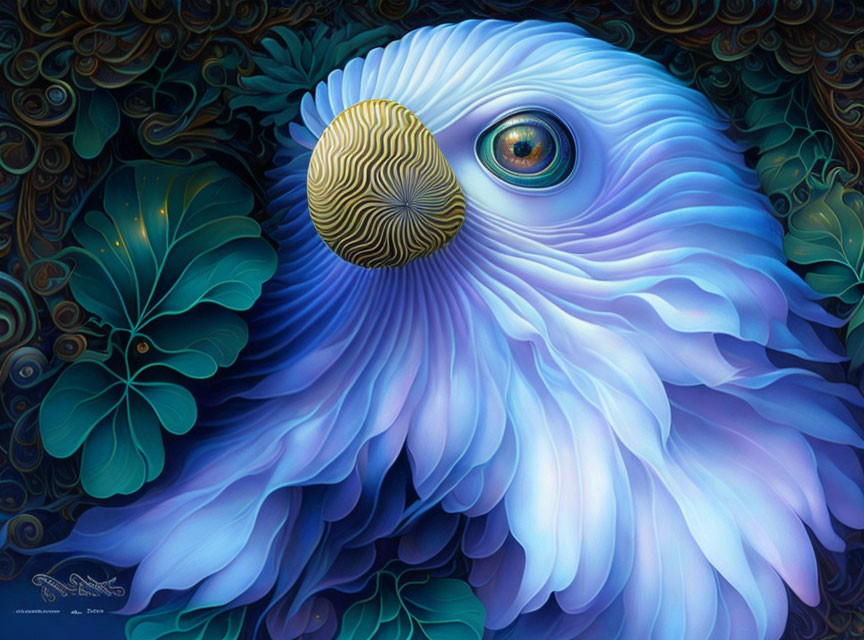 Colorful Stylized Bird Painting with Blue Body and Detailed Eye among Green Foliage