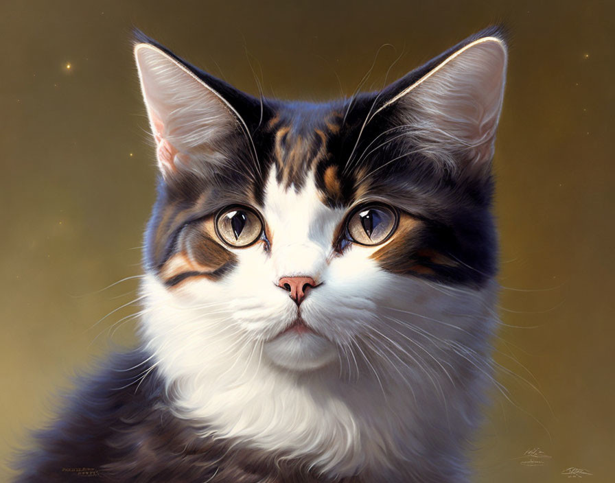 Realistic tricolor cat painting with large eyes and detailed fur.