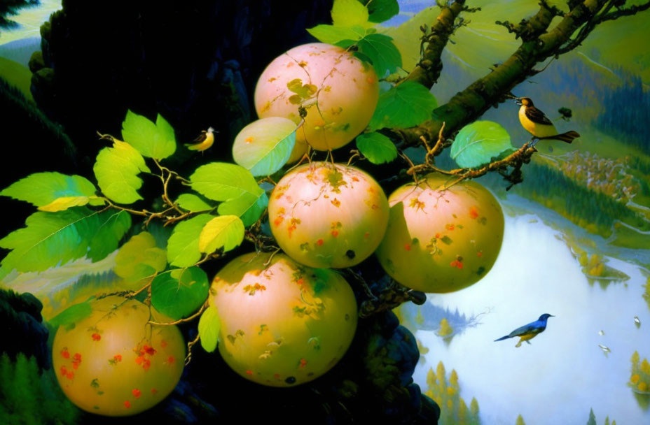 Surreal image: Oversized apples with tiny birds, landscapes inside