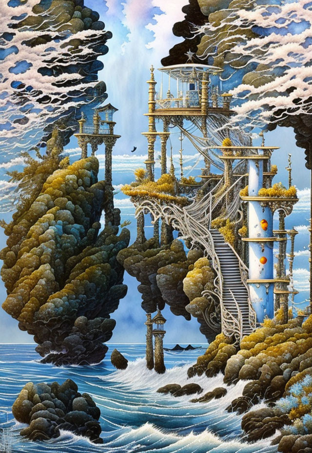 Ornate multi-level tower painting with bridges in cloudy sky above ocean