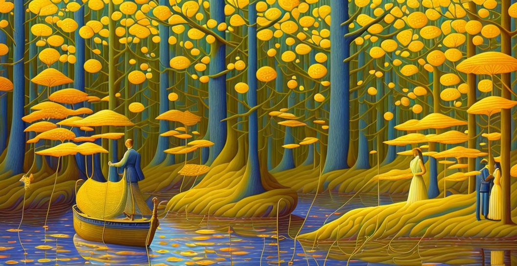 Colorful Stylized Artwork of Surreal Forest with Figures and Boat