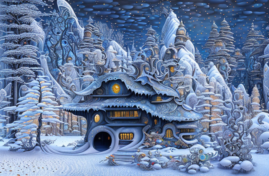 Fantastical snow-covered dragon building in winter landscape