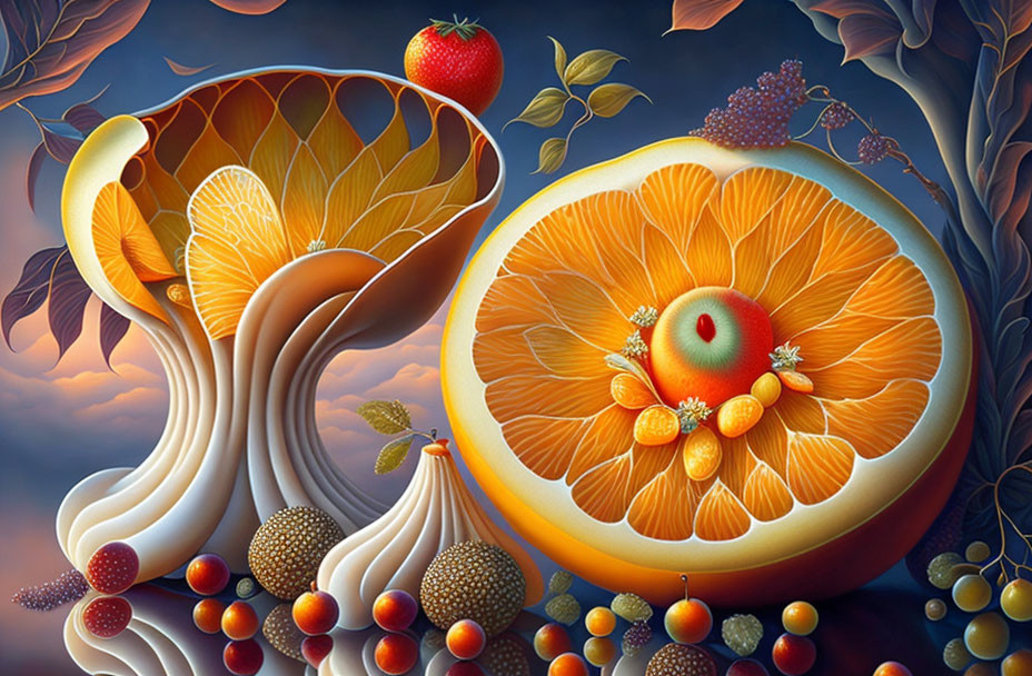 Vibrant surreal painting of fruits and mushrooms in colorful composition