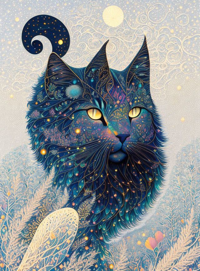 Mystical cat with blue coat and golden eyes in starry night landscape