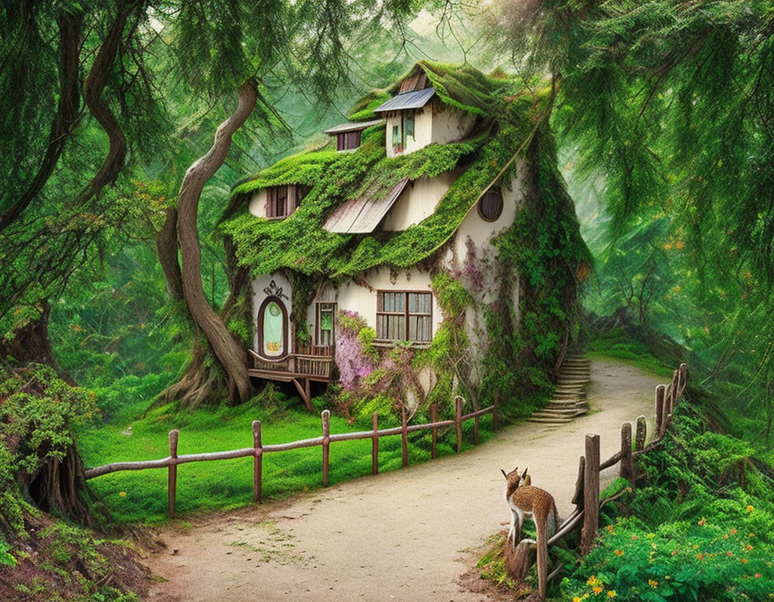 Cozy cottage surrounded by ivy, moss, deer, and flowers