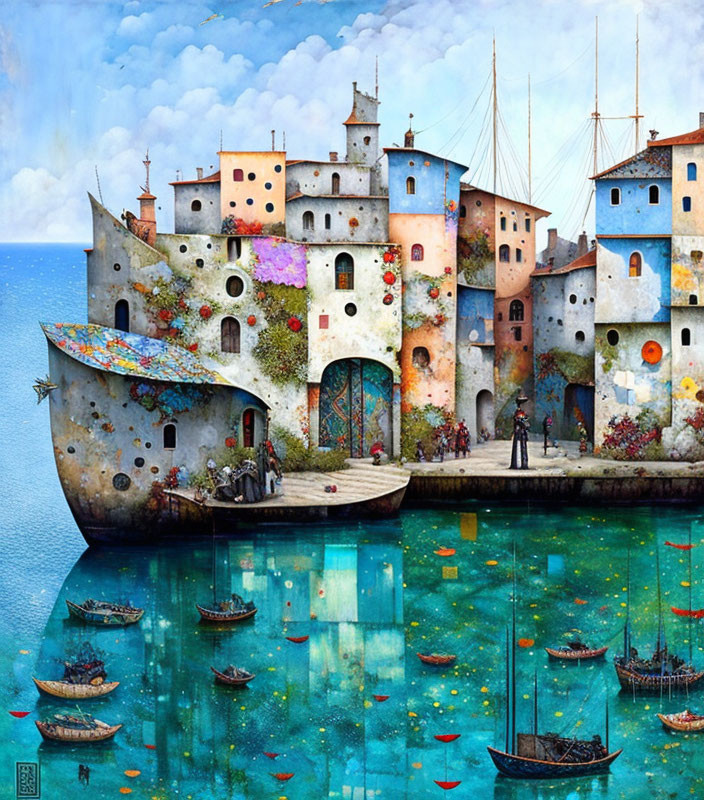 Colorful Coastal Town Painting with Towers, Boats, People, and Floral Decorations