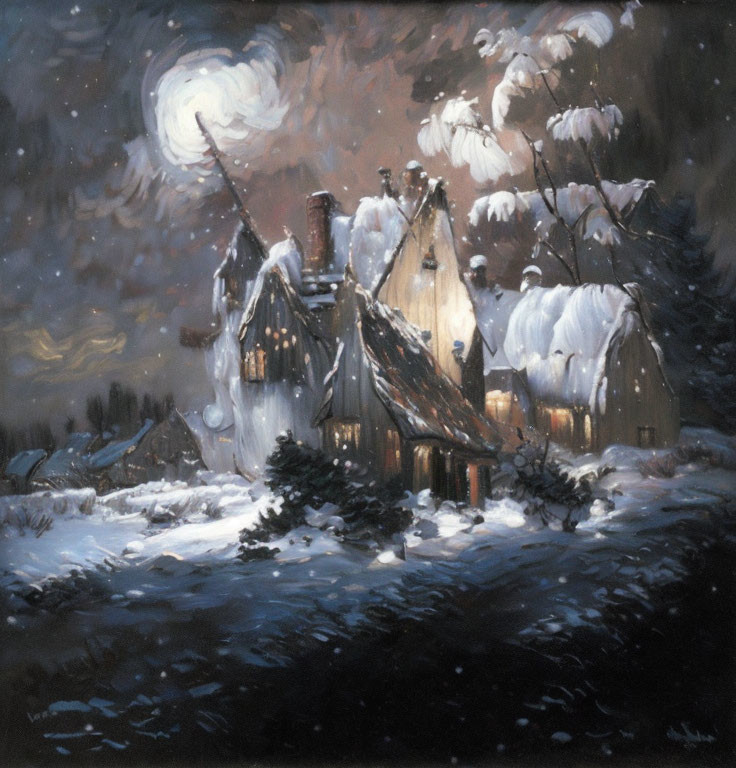 Snowy Night Scene: Cozy Cottage with Chimneys and Cloudy Sky
