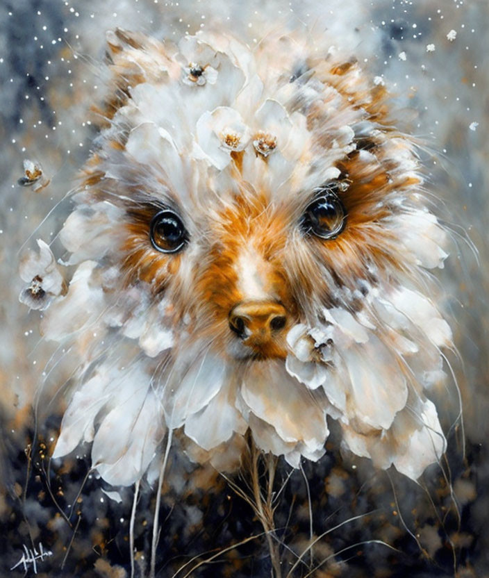 Whimsical animal painting with expressive eyes and floral fur on starry background