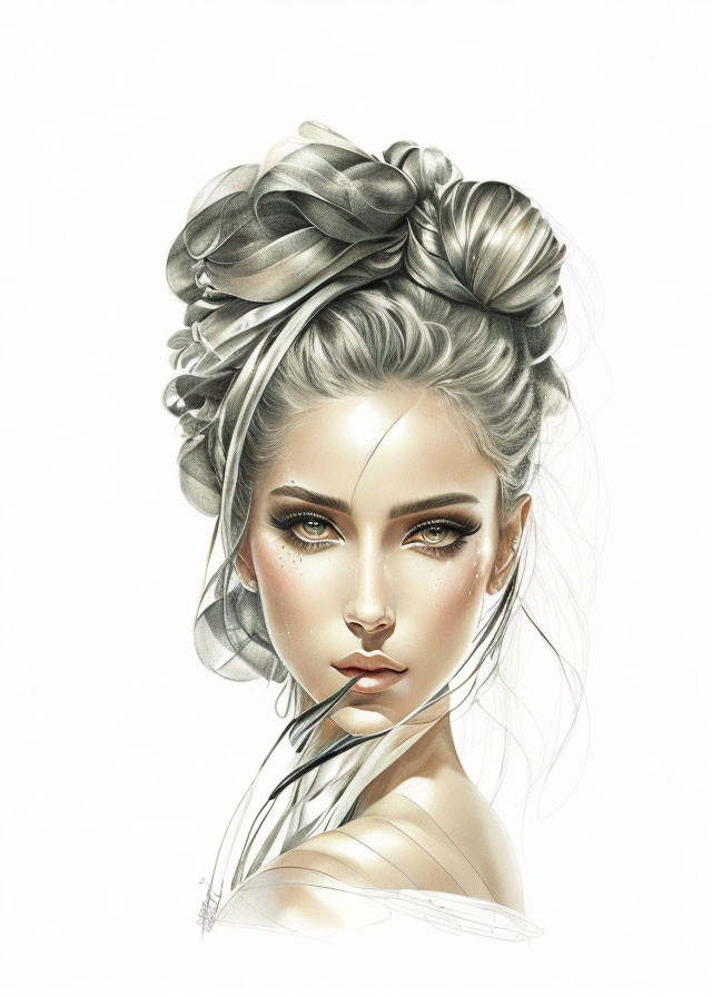 Detailed illustration of woman with elaborate updo hairstyle and dramatic makeup