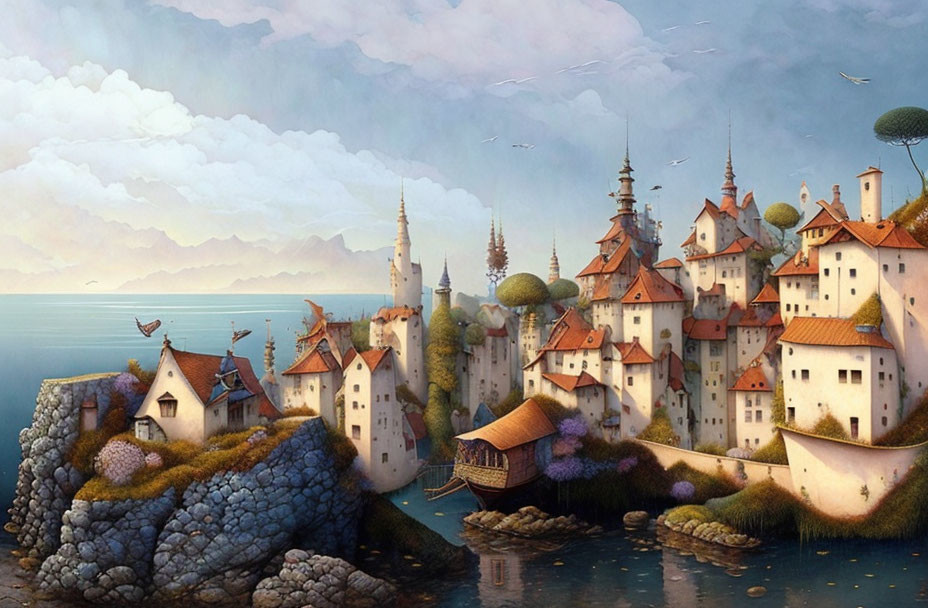 Fantasy landscape with fairytale village perched on rocky outcrops