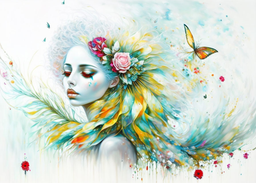 Colorful fantasy painting of a woman with feathers, flowers, and butterfly