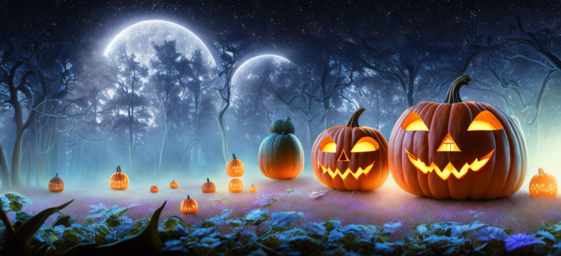 Spooky Halloween scene with carved jack-o'-lanterns and full moons