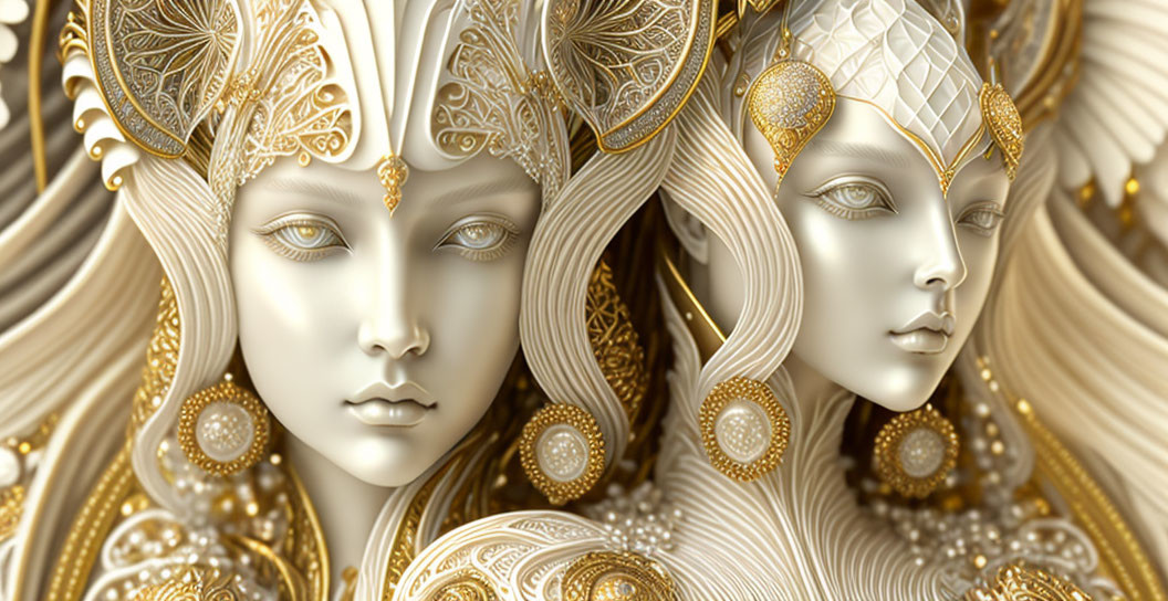 Golden fantasy masks with intricate patterns on creamy background