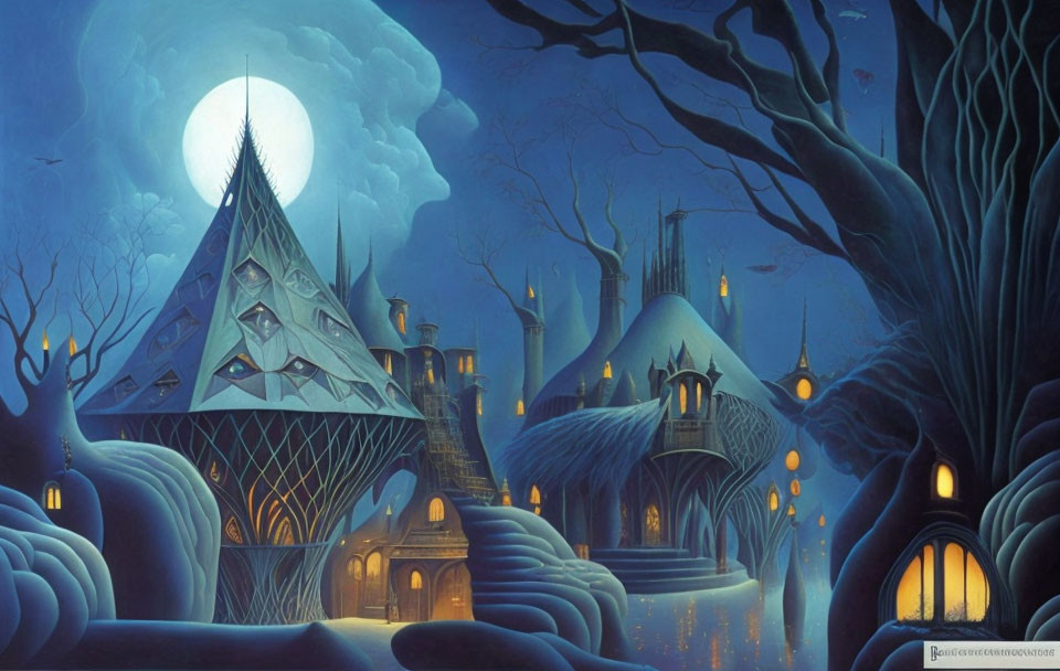 Fantasy nighttime scene with luminous full moon above whimsical castle